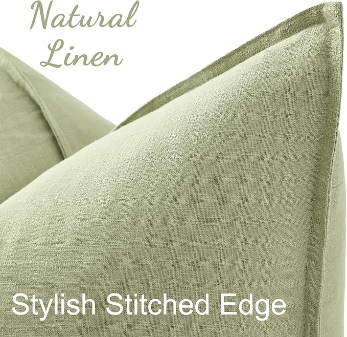 decorUhome Fall Sage Green Linen Throw Pillow Covers 18x18 Set of 2 | Decorative Soft Cozy Modern Farmhouse Boho Accent Pillow Cases with Flange Edges for Couch Bed Sofa Living Room Home Decor