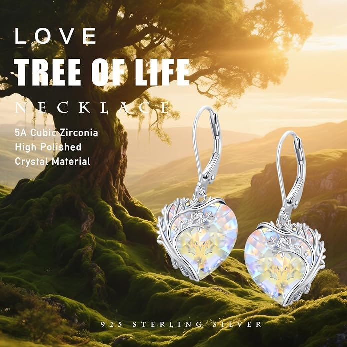 Tree of Life Earrings for Women 925 Sterling Silver Tree of Life Drop Earrings with Heart Crystal Tree of Life Jewelry Birthday Anniversary Party Gifts for Women Girls