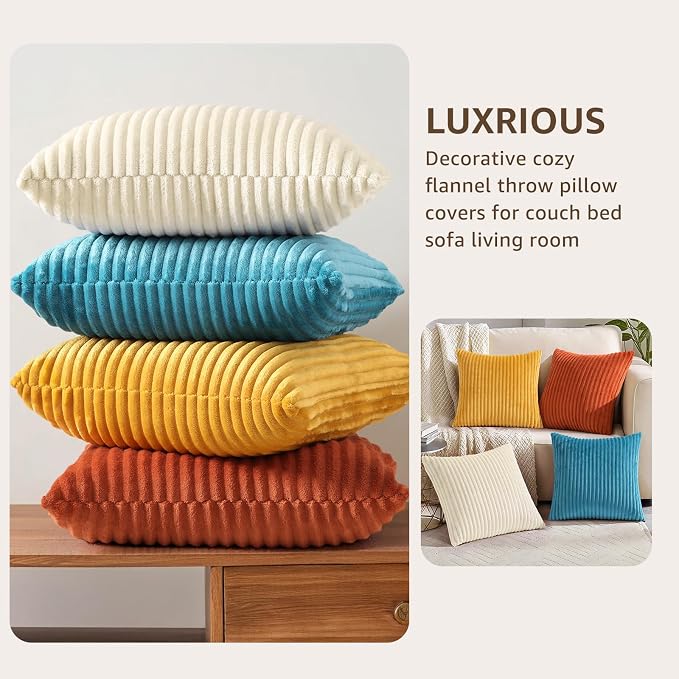 decorUhome Flannel Beige Rust Throw Pillow Covers 20X20 Set of 4 | Decorative Fall Soft Fluffy Striped Double-Sided Couch Pillow Covers, Modern Farmhouse Pillow Cases for Sofa bed Home Decor
