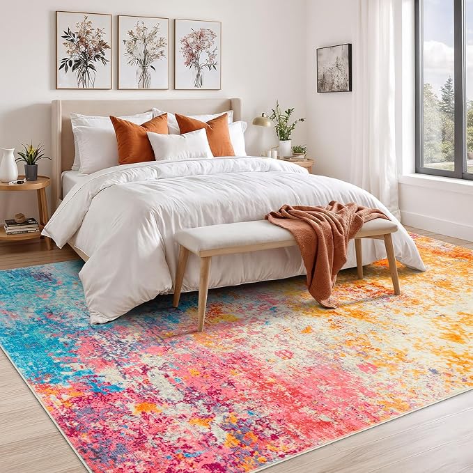 Rugflix 4x6 Area Rugs for Living Room, Washable Colorful Rainbow Rug Stain-Resistant Low Pile, Large Carpet Non-Slip for Kids Girls Room Nursery Bedroom Home Office