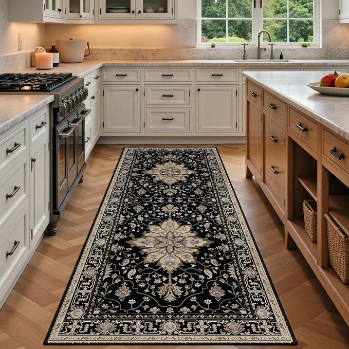 RELEANY Area Rugs Runner 3'x8' Washable Non-Slip, Floral Vintage Distress Medallion Carpet for Kitchen Hallway Bedroom Beside Laundry Room Bathroom, Black Brown Neutral Dark Tan