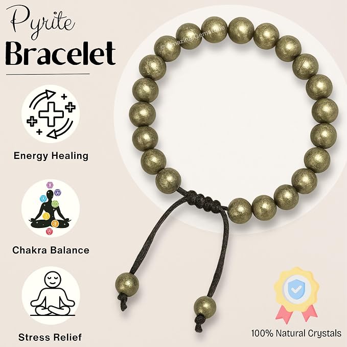 Amazing Gemstone Pyrite Bracelet, Gifts for Men & Women - Protection Healing Crystal Bracelet - 8mm Gemstone Beaded Adjustable Bracelet, Pulseras para Hombres Mujer Stocking Stuffers