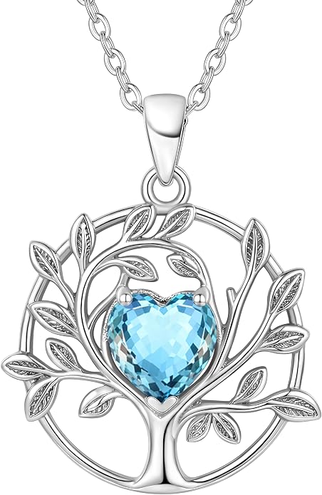 ADITA GOLD Tree of Life Necklace for Women, 925 Sterling Silver Birthstone Pendant, Simulated Gemstone, Jewelry