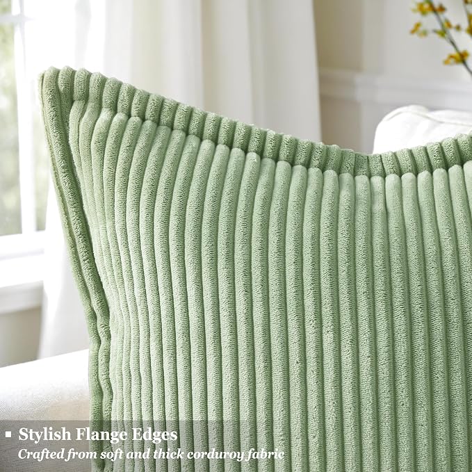 decorUhome Fall Corduroy Sage Green Throw Pillow Covers 26x26 Set of 2 | Euro Sham Couch Decorative Soft Modern Boho Farmhouse Pillow Covers Broadside Striped Pillow Cases for Living Room Bed Sofa
