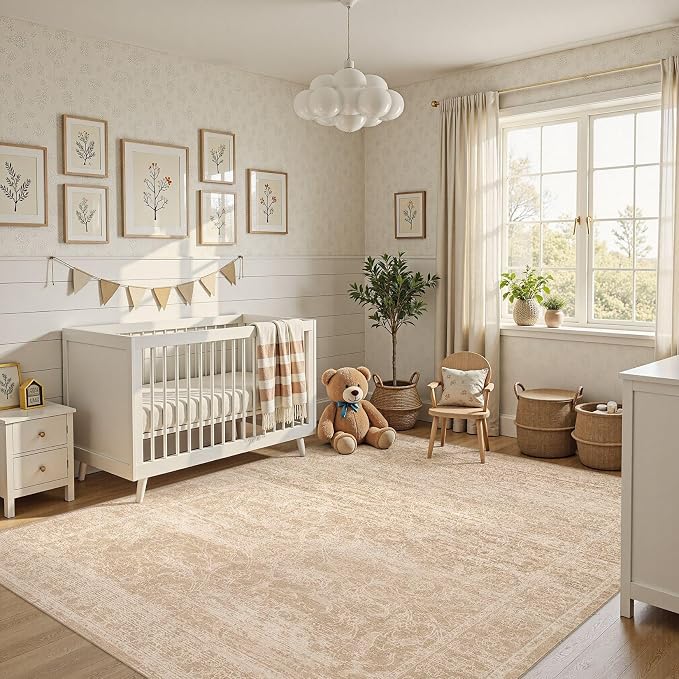 Nakagishi 5X7 Area Rugs Living Room: Washable Large Vintage Rug Neutral Non-Slip Soft Stain Resistant Indoor Carpet for Bedroom Nursery Dining Room Office Playroom