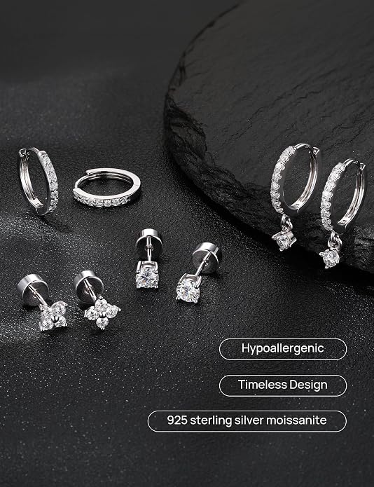GEORGE · SMITH 4 Pairs Moissanite Earrings Set for Women 925 Sterling Silver Hypoallergenic Stud and Huggie Hoop Earrings Dainty Ear Stack Cartilage Earrings for Multiple Piercings Gift