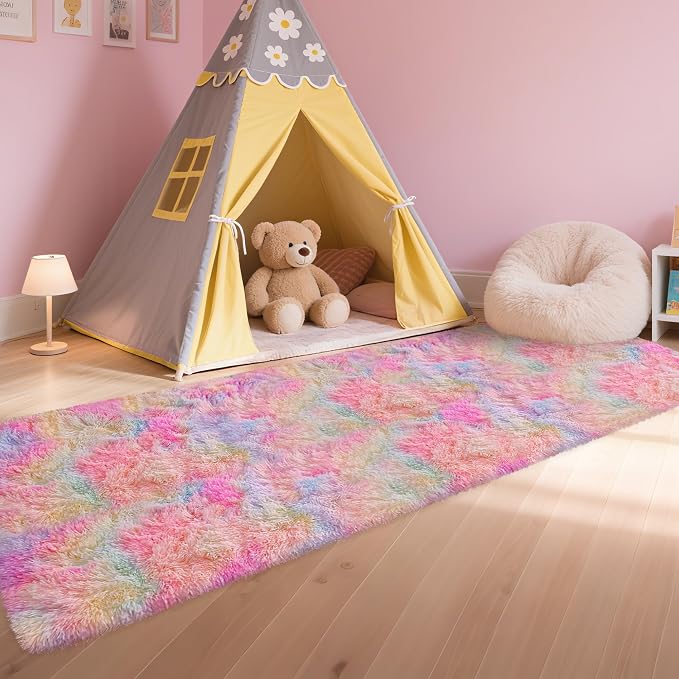 Shaggy Unicorn Rugs for Girls Bedroom Colorful Rainbow Rug for Girls Room 2x8 Runner Rugs for Hallway Living Room Long Plush Fluffy Rug Non Slip Fuzzy Carpet for Kids Room Kawaii Decor