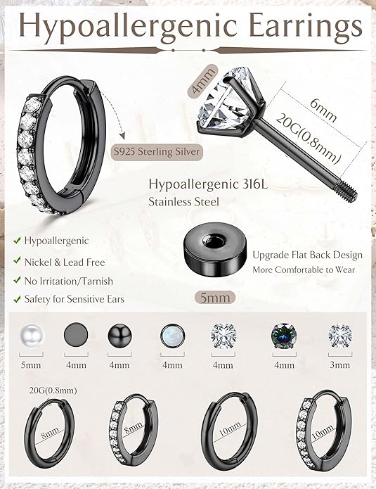 Jstyle Hypoallergenic Stud Hoop Earrings for Women Small Flat Back Surgical Stainless Steel Earrings for Sensitive Ears Trendy Silver Hoops Cartilage Earring Stacks Set Multiple Piercing Jewelry Gifts