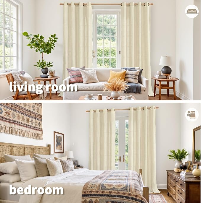 YoungsTex Linen Curtains 90 Inch Length for Living Room, Light Filtering Drapes with Grommet Semi Sheer Rustic for Bedroom Windows, Warm Beige, 2 Panels, 52 X 90 Inch