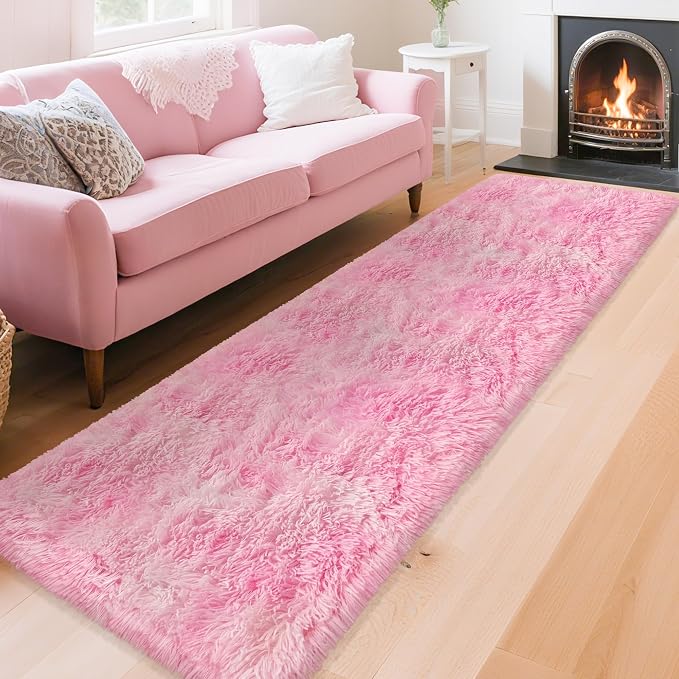 2x8 Pink Fuzzy Rug Runner for Bedroom Girls, Pink Shag Rug for Girls Room Bedside Living Room Hallway Plush Fuffy Carpet Runner for Kids Room Nursery Home