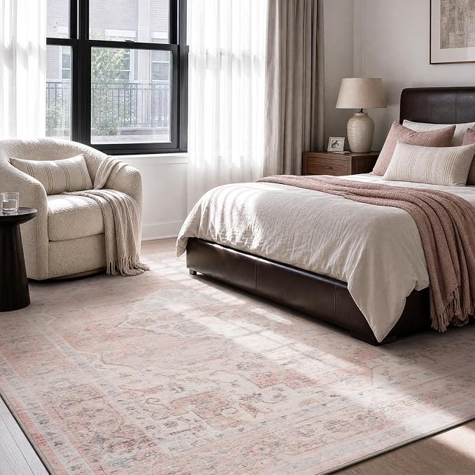 AMOAMI-Area Rug 6X9 Rugs for Living Room-Vintage Soft Pink Rugs for Bedroom-Non Slip Carpet-Machine Washable Rug for Dining Room Living Room Bedroom Office Under Table