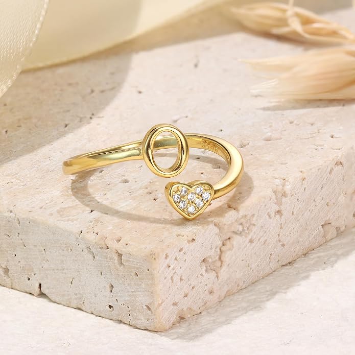 MILACOLATO 925 Sterling Silver Initial Rings for Women Teen Girl 18K Gold Plated Heart Initial Rings Adjustable Capital Letter Ring Stackable Thumb Pinky Rings for Daughter Birthday Bridesmaid Gifts Jewelry, A to Z