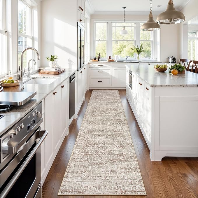 Lahome Runner Rug for Hallway 2.5x10, Washable Kitchen Runner Rugs | Ultra-Thin Non Slip, Neutral Boho Print Long Farmhouse Indoor Carpet Runner for Entryway 10ft Aube (Taupe, 2'5''x10')