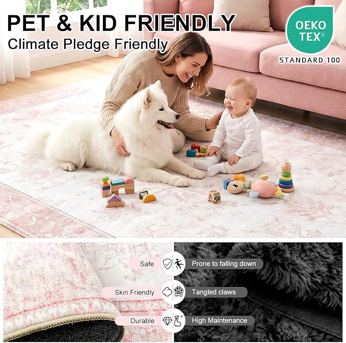Extra Large Washable Area Rug, 0.3" Low Pile Non-Slip Rug, Cotton-Backed Silicone Grip, Water Resistant Faux Wool Carpet, for Nursery Bedroom Living Room, 9'x12', Blush Pink/White
