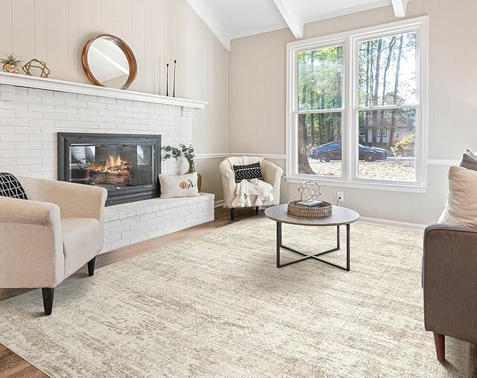 UERMEI 5x7 Washable Area Rug - Neutral Modern Abstract Living Room Rugs, Non-Slip Soft Large Indoor Floor Carpet for Bedroom Home Office & Under Dining Table Decor, Beige/Brown
