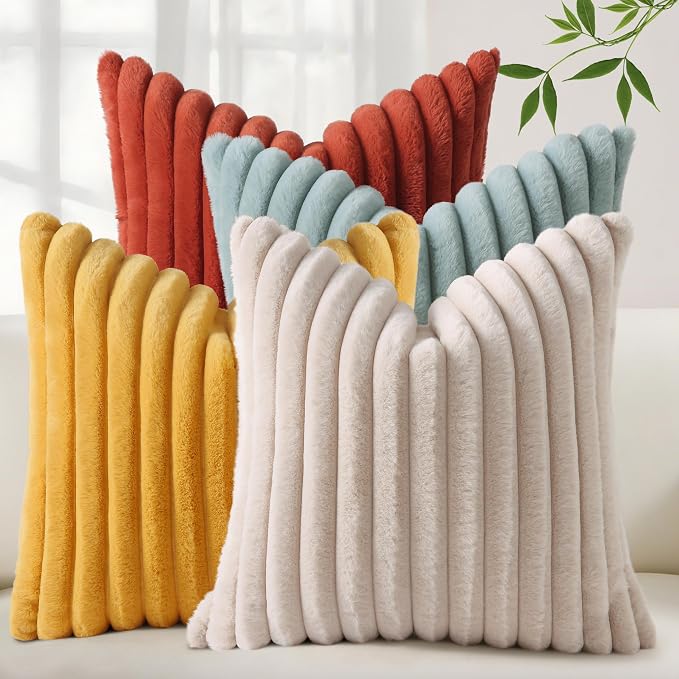 decorUhome Fall Faux Fur Throw Pillow Covers 18x18 Set of 4 Rust/Beige | Decorative Modern Farmhouse Soft Cozy Striped Pillow Cases Velvet Back for Sofa Bed Living Room Classic Accent Home Decor