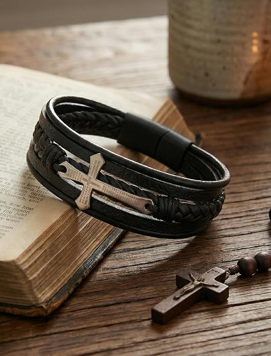 Mens Leather Cross Bracelet Multilayer Braided Wristband Bangle Bracelets with Stainless Steel Buckle Religious Gift for Men Brown/Black/Blue–8.3 inch