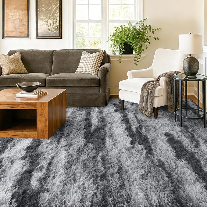 9x12 Extra Large Area Rugs for Living Room, Shaggy Non-Slip Tie-Dyed Rugs for Bedroom Kids Playroom Dorm Room, High Pile Ultra Soft Carpet, Grey