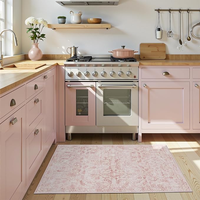 Pink 2x4 Runner Rug for Hallways Bed Side Kitchen, Boho Washable Distressed Low-Pile Floor Entryway Long Bathroom Mat, Non-Slip Laundry Room Washstand Front Carpet 24x48 Inch