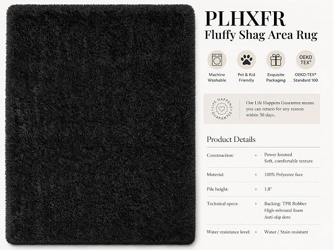 Area Rug for Living Room Bedroom: 4x6 Black Soft Fluffy Shag Upgrade Non-Slip High Pile Carpet Large Fuzzy Plush Indoor Floor Decor Shaggy Rug for Kid Boys Girls Dorms Playroom Nursery Modern Home