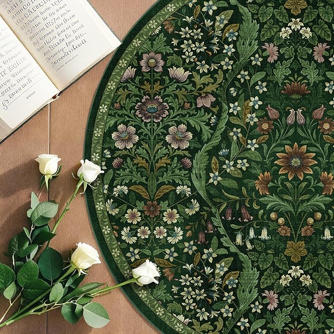 Round Rug 5ft Dark Green Washable Floral Circle Rug,Vintage Boho Botanical Round Area Rugs, Non-Slip Soft Low-Pile Circular Carpet for Bedroom,Kids Room,College Dorm,Home Decor