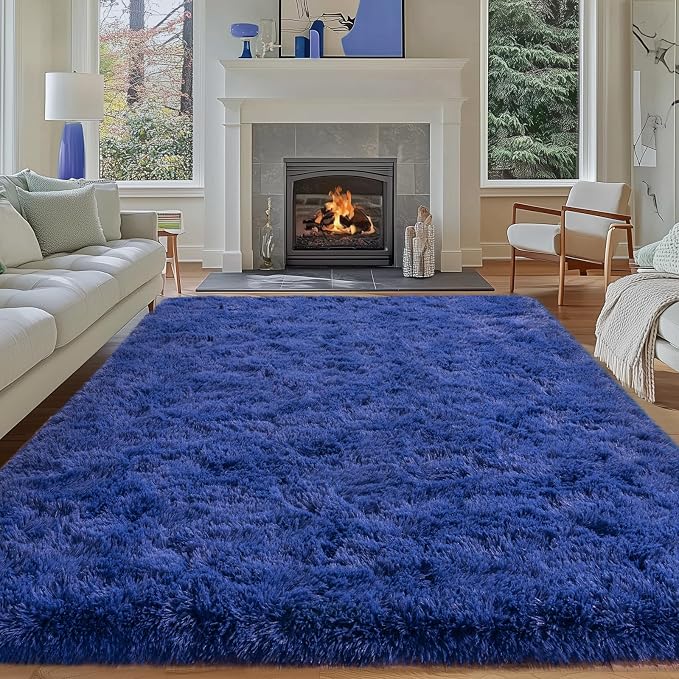 Dssimo Blue Fluffy Rugs for Living Room Bedroom, 8x10 Shaggy Area Rug | Large Plush Furry Upgrade Non-Slip Blue Area Rug for Nursery Kids Room Dorm Room Home Decor, Indoor Floor Carpet