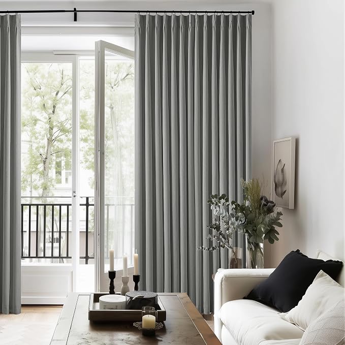 Grey 100% Blackout Pinch Pleat Linen Curtains 108 Inches Long for Bedroom | Black Out Curtains Lined 2 Layers, Memory Shape, Noise Reducing, Room Darkening, for Living Room Window, W40xL108 2 Panels