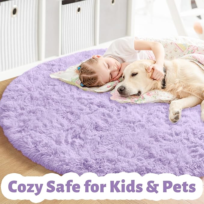 Amdrebio Light Purple Large Round Rugs 8Ft for Girls Bedroom, Fluffy Fuzzy Circle Area Rug for Kids Room Decor Aesthetic, Soft Cute Furry Plush Shag Big Lavender Carpet for Living Room, Playroom