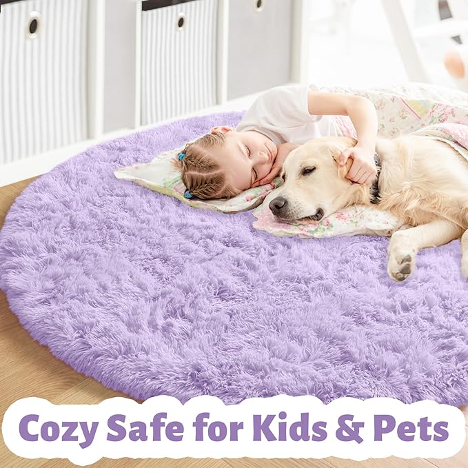 Amdrebio Light Purple Small Round Rugs 3Ft for Girls Bedroom, Fluffy Fuzzy Circle Area Rug for Kids Room Decor Aesthetic, Soft Cute Furry Plush Shag Lavender Carpet for Classroom, Baby Nursery, Dorm