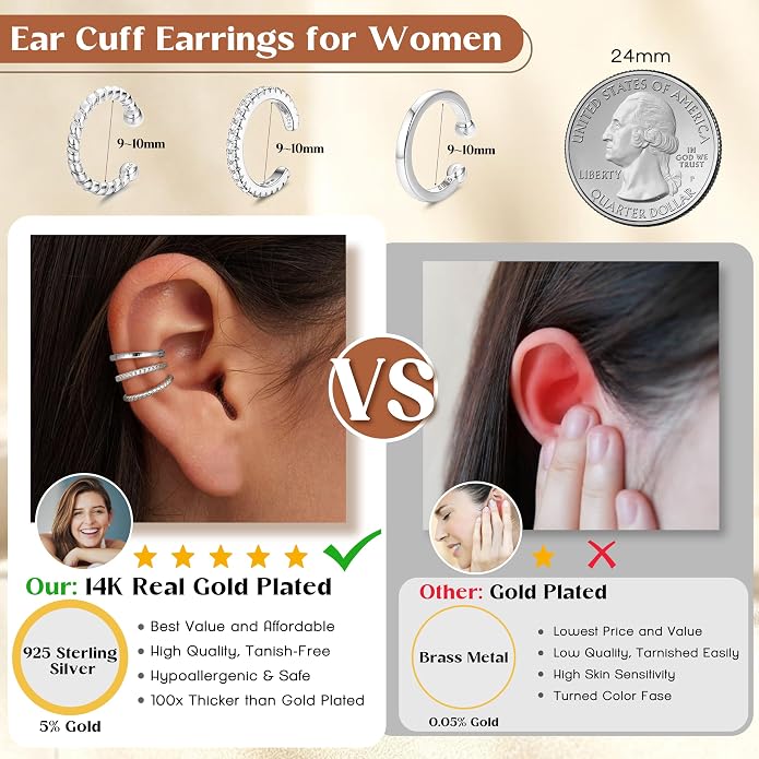 MILACOLATO 925 Sterling Silver Ear Cuffs for Women - 14K Gold Plated Adjustable Ear Cuffs Non Piercing Earrings for Women Trendy Cubic Zirconia Clip On Cartilage Conch Earrings for Non Pierced Ears Fake Earrings Set Hypoallergenic
