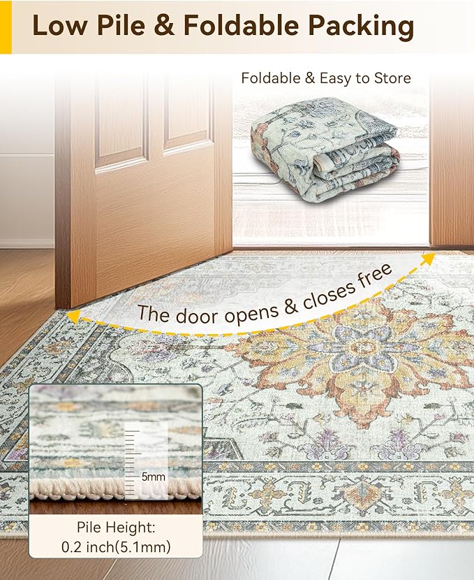 RELEANY Area Rugs Square 8ft Washable Non-Slip, Floral Vintage Distress Medallion Carpet for Living Room Bedroom Dining Room, Beige Carbon Grey Orange
