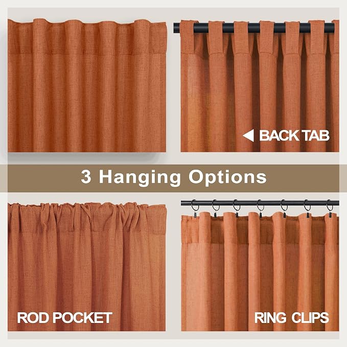 Pitalk Burnt Orange Curtains 84 Inch Length for Living Room 2 Panels Back Tab Pocket Flax Linen Blend Drapes Light Filtering Semi Sheer Boho Curtain for Bedroom Bohemian Farmhouse Rust Copper Brown