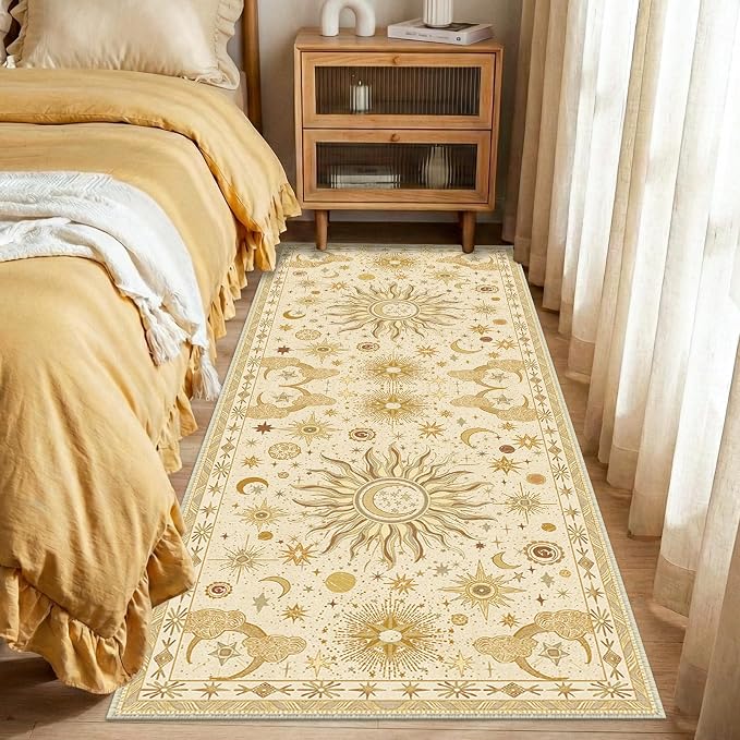 Vacuum-Friendly, 2x6 Washable Area Rug, Beige Camel Brown | Sun and Moon Boho Gothic Non-Slip Low Pile Living Roon Bedroom Dining Room Kitchen Entry Entryway Entrance Hallway Doormat