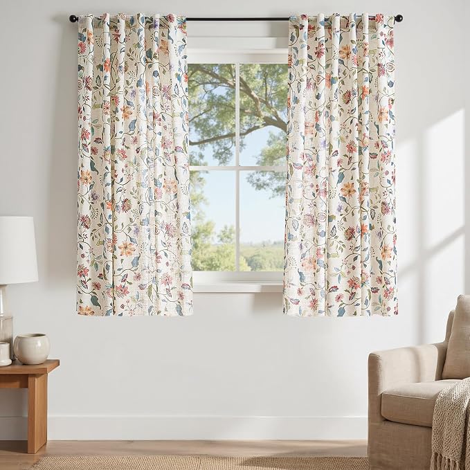 jinchan Beige Floral Linen Curtains 63 Inch Farmhouse Back Tab 2 Panels | Vintage, cottage core, light filtering, semi sheer, drapes, flower, bedroom, living room, decor, window treatment, rod pocket