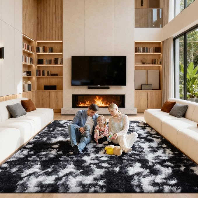 Area Rugs 9x12 Living Room, Large Fluffy Rugs for Bedroom, Fuzzy Shag Soft Non-Slip Carpet for Kids Girls and Boys Nursery Dorm Indoor Room Home Decor (9ft X 12ft, Black and White)