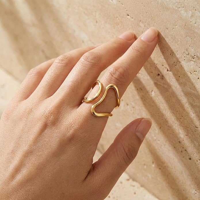 Gelbesty Waterproof Gold Statement Rings for Women, 14K Gold Plated Chunky Open Stackable Rings Non Tarnish Fashion Adjustable Stainless Steel Pinky Knuckle Signet Vintage Ring Jewelry Size 5-11