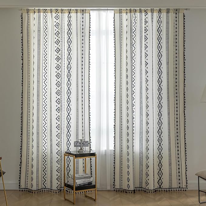 Black Geometric Curtains 102 Inches Long, Boho Farmhouse Light Filtering Rod Pocket Drapes with Tassel Trim for Bedroom Living Room, 2 Panels
