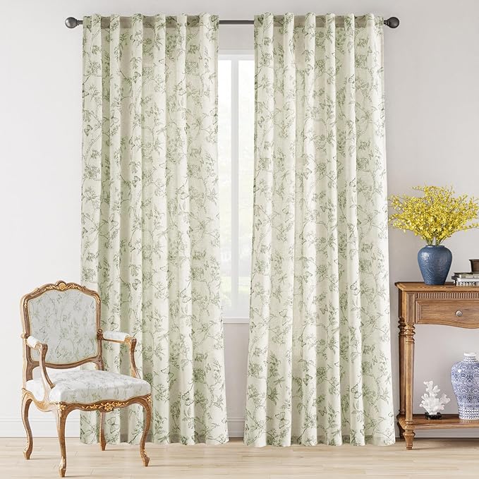 Lazzzy Charlotte Linen Green Floral Curtains 90 Inch Length Farmhouse Curtain Back Tab Drapes for Living Room Bedroom Light Filtering Vintage Rod Pocket Curtains, 2 Panels, Green on Beige