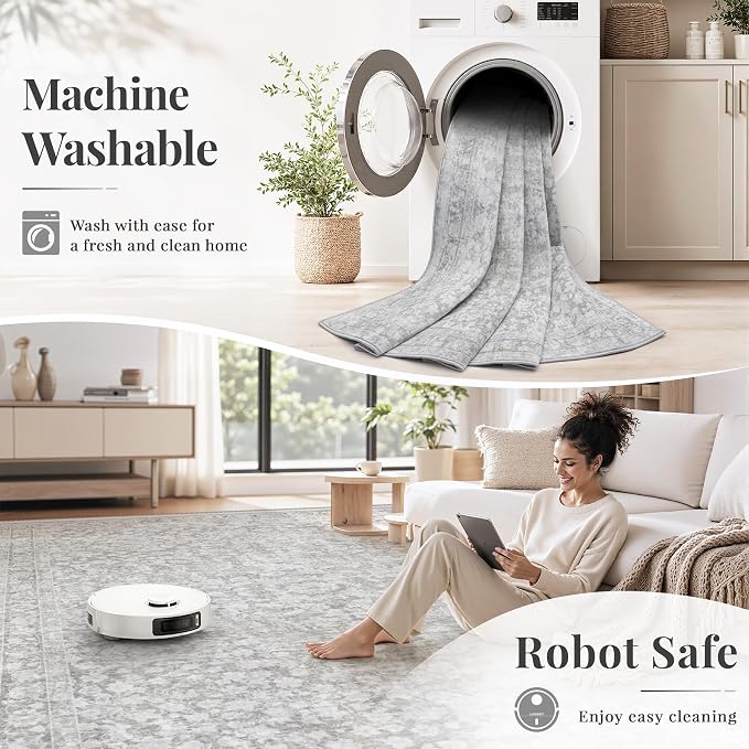 5x7 Area Rugs for Living Room: Boho Vintage Washable Rug Non-Slip Soft Stain Repellent Area Rugs Indoor Low-Pile Carpet for Bedroom Nursery Office Dining Room Playroom Farmhouse (Grey, 5'x7')