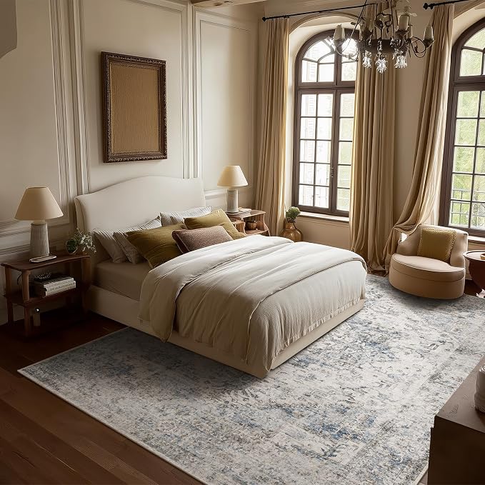 Machine Washable Rugs for Living Room: 10x14 Area Rugs for Bedroom Ultra Soft Non-Slip Low Pile Vintage Distress Boho Large Carpet for High-Traffic Dining Room - Farmhouse Decor