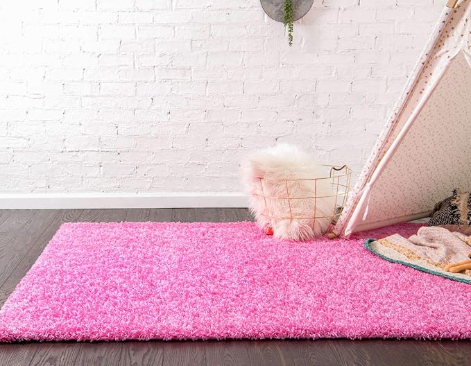 Unique Loom Solid Shag Collection Area Rug (8' x 10' Rectangle Taffy Pink) | Modern solid area rug for living room, bedroom & dining room. Stain-resistant, easy-care, kid & pet friendly