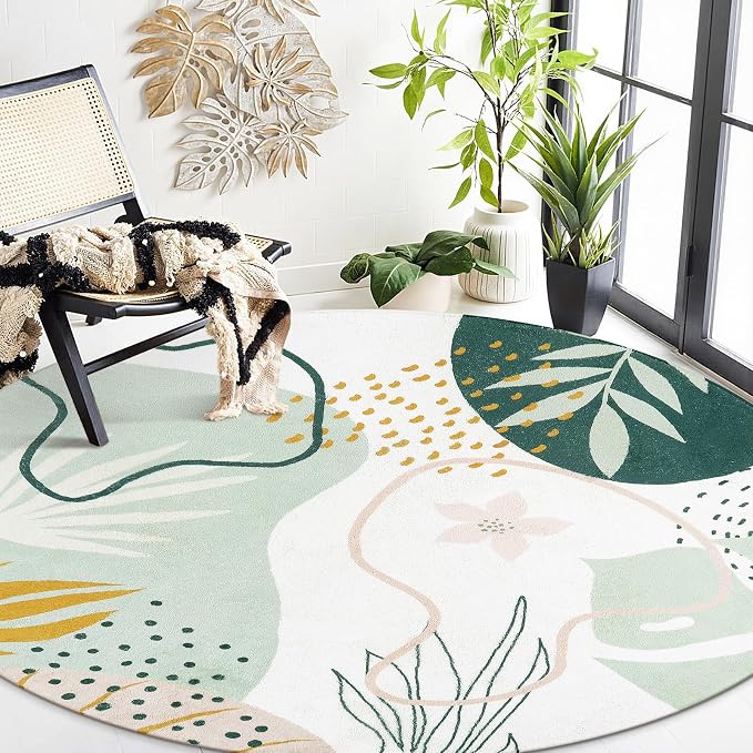 Lahome Green 8 Ft Round Rug - Washable Round Area Rug for Living Room Throw Soft Boho Round Rug Large Non-Slip Dining Room Rug, Botanical Print Round Carpet for Bedroom Office (Green,8'x8')