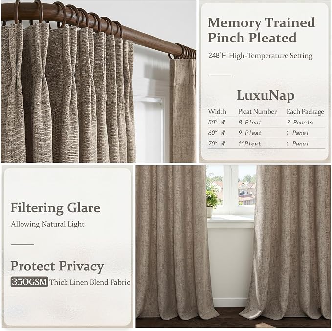 Semi Sheer 102 Inch Extra Long Classroom Curtains 2 Panels Set, Dark Brown Memory Trained Pinch Pleated Flax Linen Light Filtering Privacy Cottage Core Curtain Office Floor to Ceiling Window Drapes