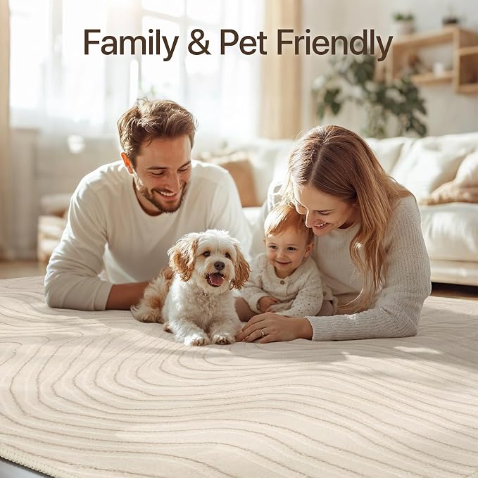GENIMO Soft Washable Area Rugs 8x10, 3D Modern Wave Textured Rugs for Living Room, High-Low Pile Non Slip Fuzzy Carpet, Non-Shedding Stain Resistant Thin Beige Rugs for Bedroom, Dining Room, Nursery