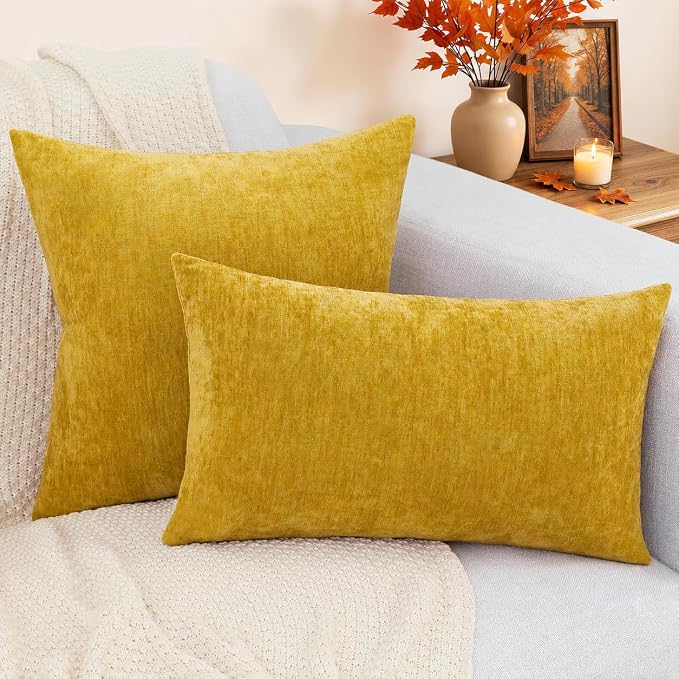 decorUhome Soft Chenille Mineral Yellow Throw Pillow Covers 22X22 Set of 2 | Decorative Fall Couch Pillow Covers Solid Dyed Accent Modern Euro Sham Farmhouse Neutral Square Pillow Cases for Sofa