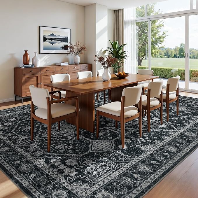 Joydeco 8x10 Area Rugs for Living Room, Non Slip Machine Washable Vintage Rug, Low Pile Thin Chenille Print Rugs for Bedroom, Dining Room, Pet & Child Friendly, Home Office, Dark Gray&Light Gray&Black