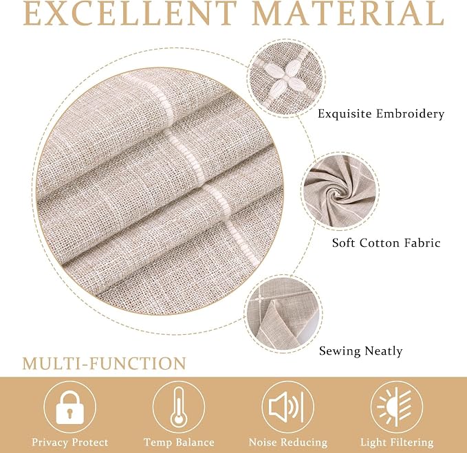 ColorBird Farmhouse Semi-Blackout Window Curtains 2 Panels Embroidery Lattice Cotton Linen Darkening Curtains with Tassel Rod Pocket Window Drapes for Dining Living Bedroom (52" W x 84" L, Linen)