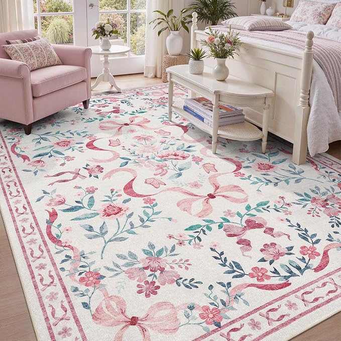 DCX Washable 6x9 Bow Rug, Pink Floral Rug for Girls’ Bedroom, Cute Soft Low Pile Indoor Décor Carpet, Kid & Pet Friendly Nursery Rug for Living Room, Dorm, Playroom