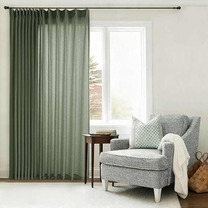 Olive Green Extra Wide Pinch Pleated 100 x 108 Inch Linen Curtains | for Living Room Patio Glass Sliding Door, Light Filtering Semi Sheer, Pleat Drape, Hooks Rings, Back Tab, 108 Inches Long