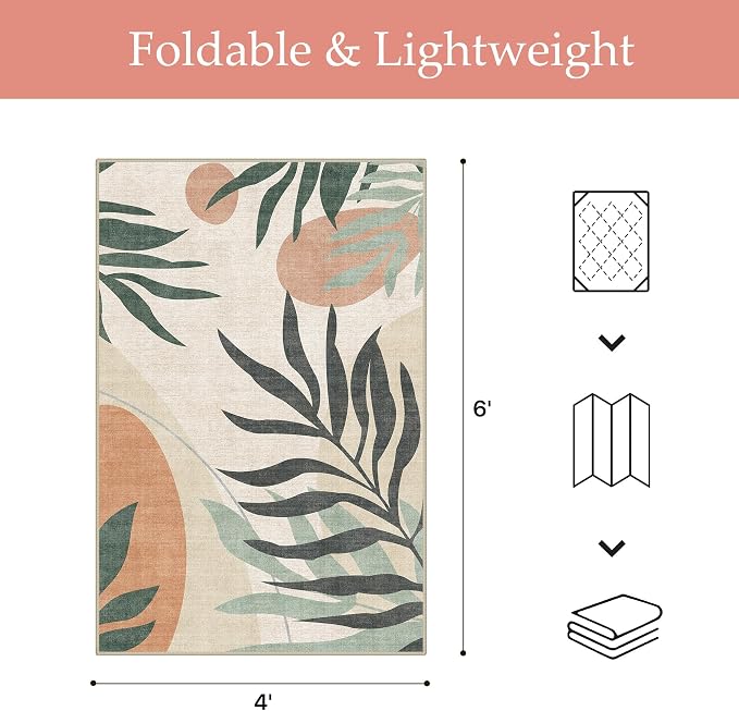 GENIMO 4x6 Outdoor Rug, Washable for Porch and Patio, Beige Olive | Botanical leaf design for balcony; fade resistant chenille with quick-dry non-slip backing for deck and indoor space.